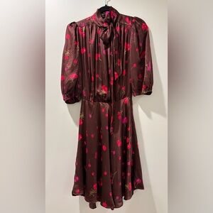 🍒Brown Silk Cherry Print Dress - Small - Retro Rockabilly Cottagecore Coquette